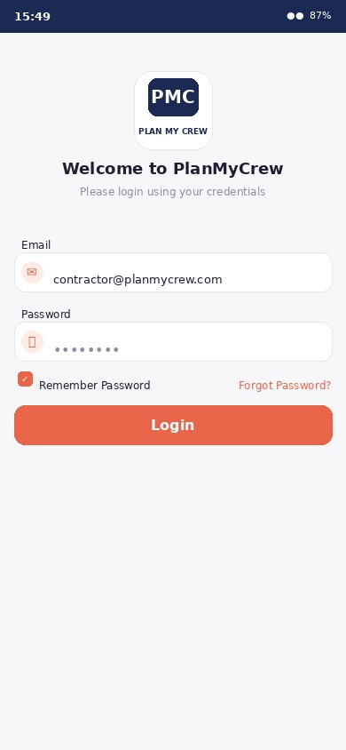 PlanMyCrew mobile app login