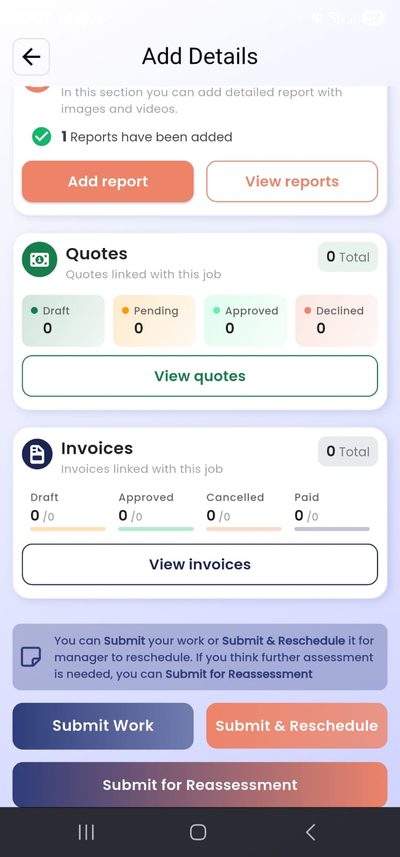 PlanMyCrew job completion screen showing submit work, submit and reschedule, and submit for reassessment options for insurance panel contractors