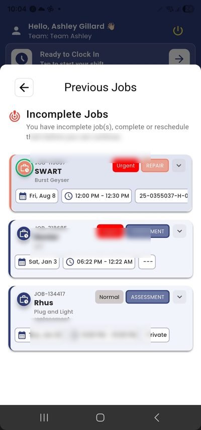 PlanMyCrew mobile app showing live jobs list with urgent, repair and insurance job badges for SA panel contractors