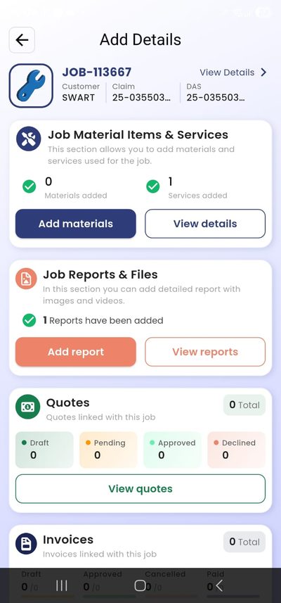 PlanMyCrew mobile app showing job materials and reports linked to an insurance job for accurate job costing