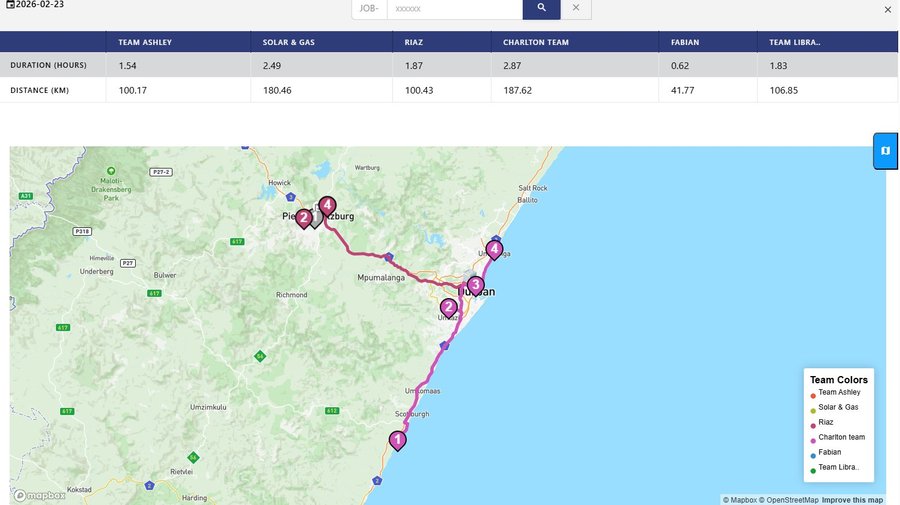 PlanMyCrew GPS tracking showing contractor team routes across Durban and KwaZulu-Natal with team colour coding