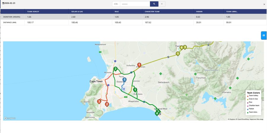 PlanMyCrew geo-scheduling route map showing colour-coded crew routes across Cape Town with distance and duration per team
